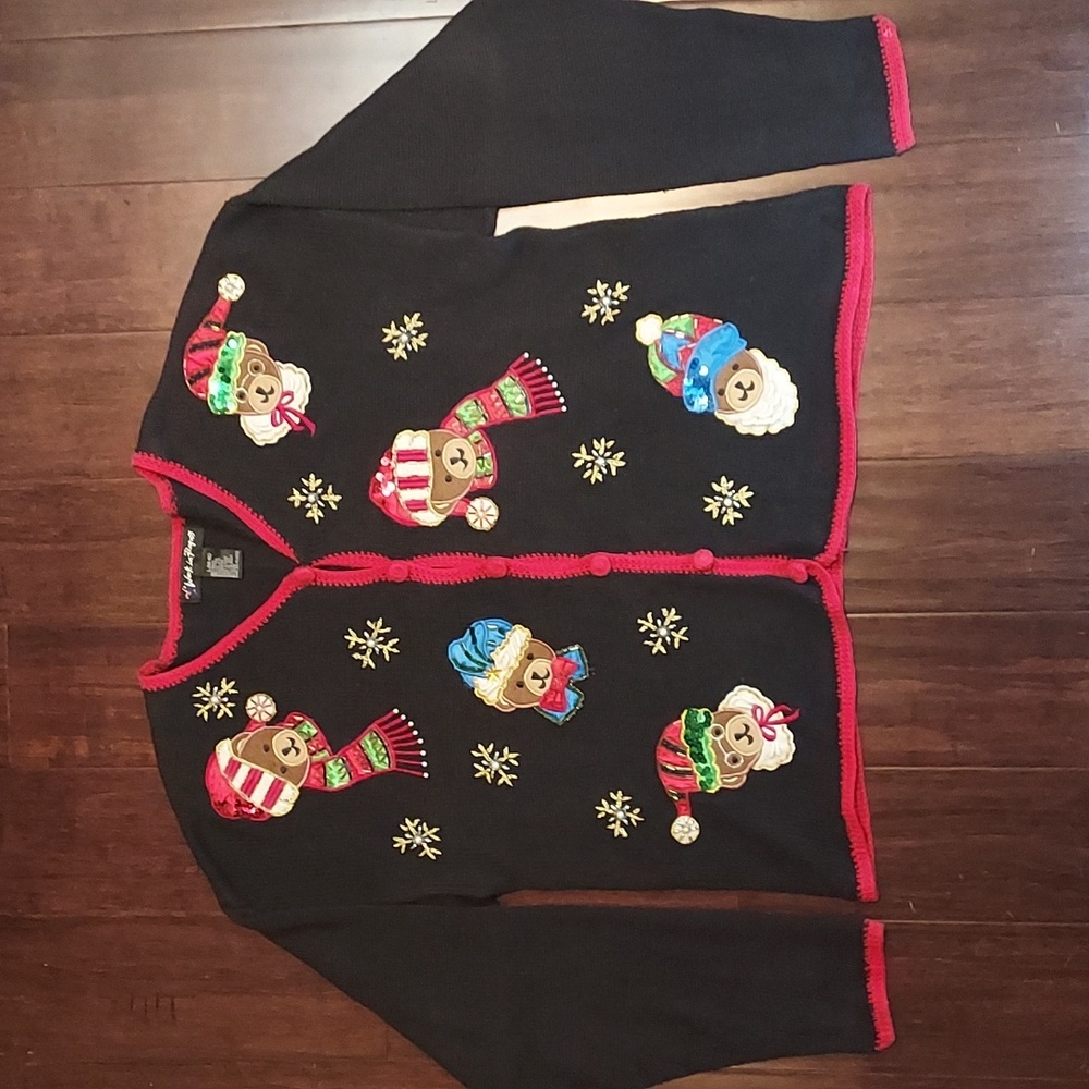Vintage Work In Progress Embroidered Beaded X-Mas Holiday Bears Sweater Size L